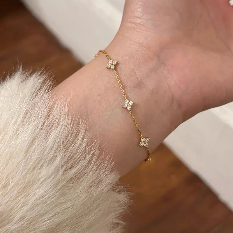 New Stainless Steel Zircon Necklaces for Women 18K Gold Plated Four Leaf Grass Collar Chain Necklace Luxury Jewelry Gift