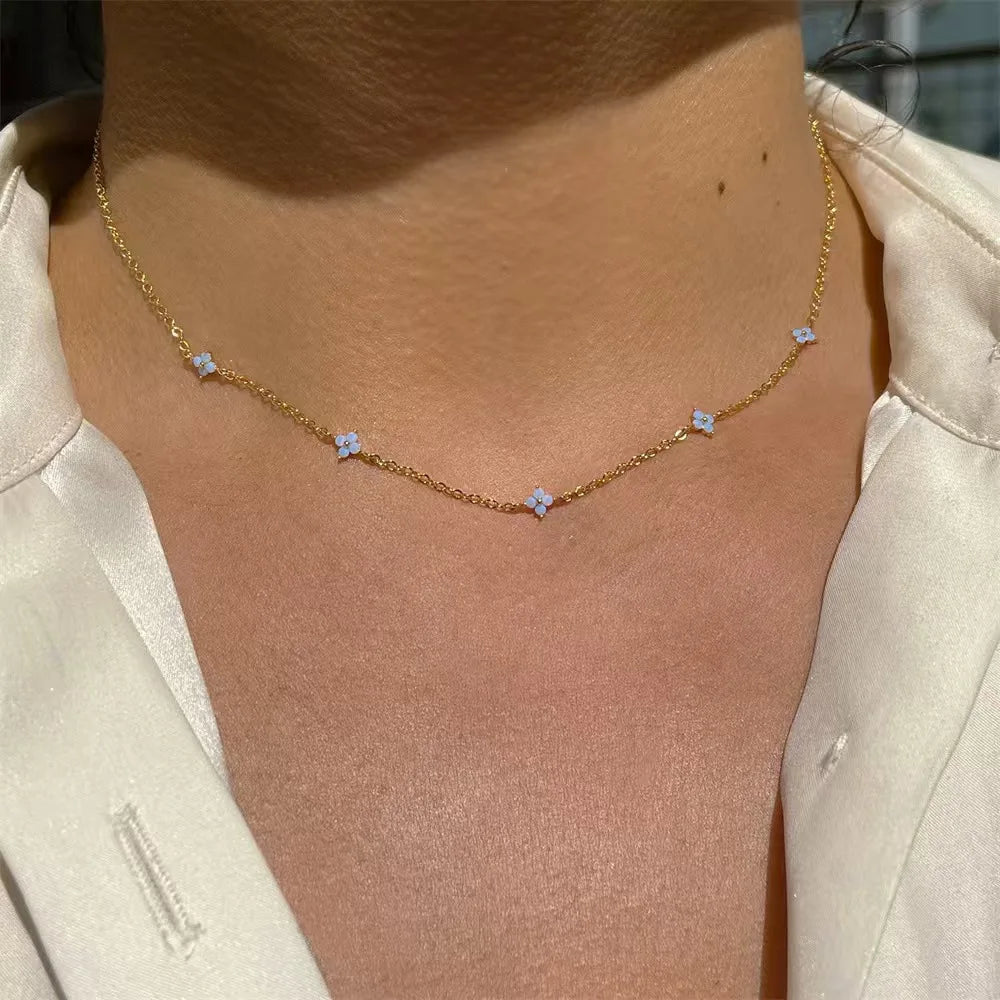 New Stainless Steel Zircon Necklaces for Women 18K Gold Plated Four Leaf Grass Collar Chain Necklace Luxury Jewelry Gift